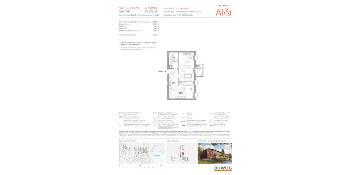 Etagenwohnung Potsdam Krampnitz - 2 Zimmer, 68 m&sup2;, 560.000&euro; | Angebot:25717881