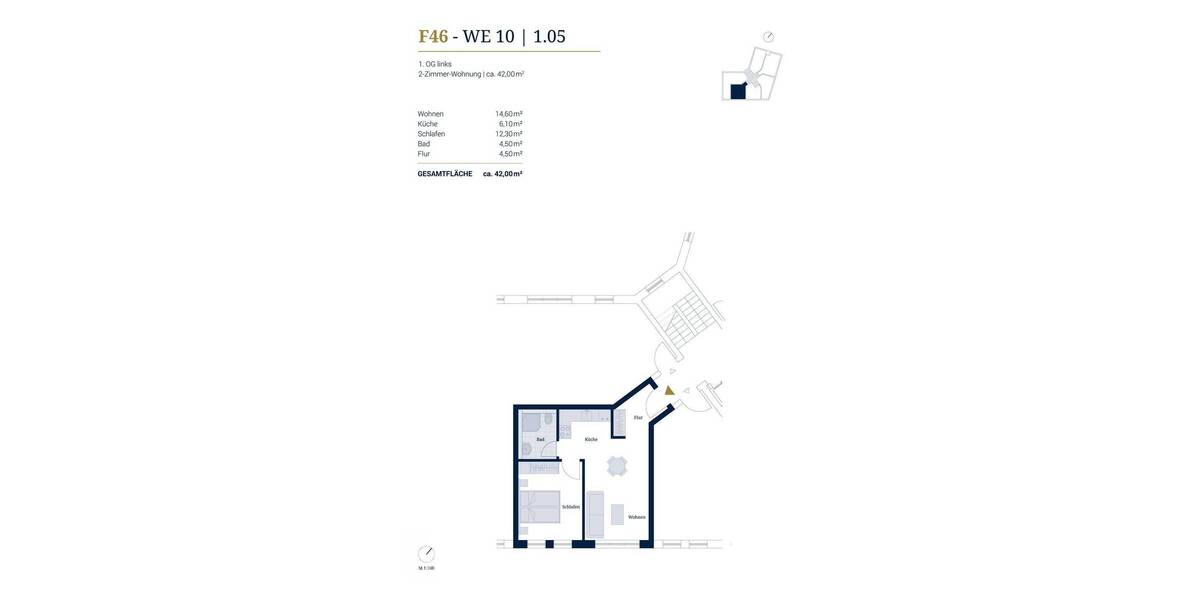 Etagenwohnung Potsdam Potsdam West - 2 Zimmer, 42 m&sup2;, 329.000&euro; | Angebot:25985480