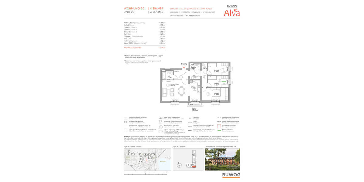 Etagenwohnung Potsdam Krampnitz - 4 Zimmer, 118 m&sup2;, 968.000&euro; | Angebot:25713979