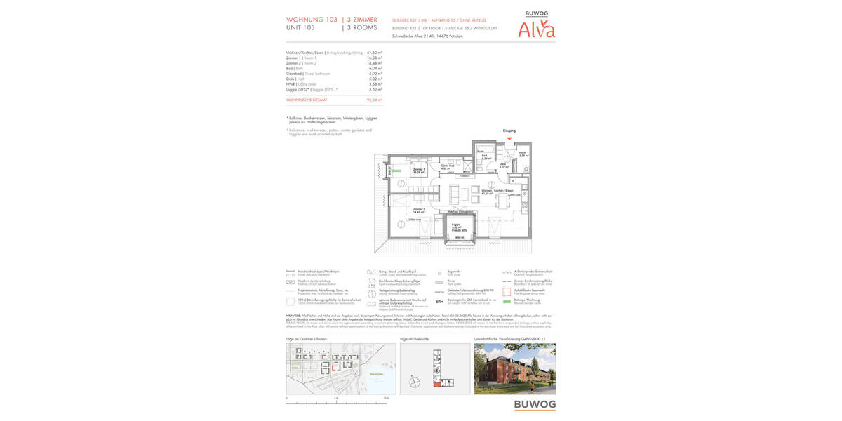Etagenwohnung Potsdam Krampnitz - 3 Zimmer, 95 m&sup2;, 783.000&euro; | Angebot:24117128