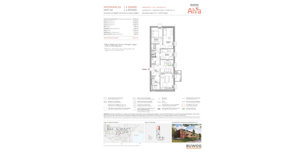 Etagenwohnung Potsdam Krampnitz - 4 Zimmer, 102 m&sup2;, 836.000&euro; | Angebot:25783573