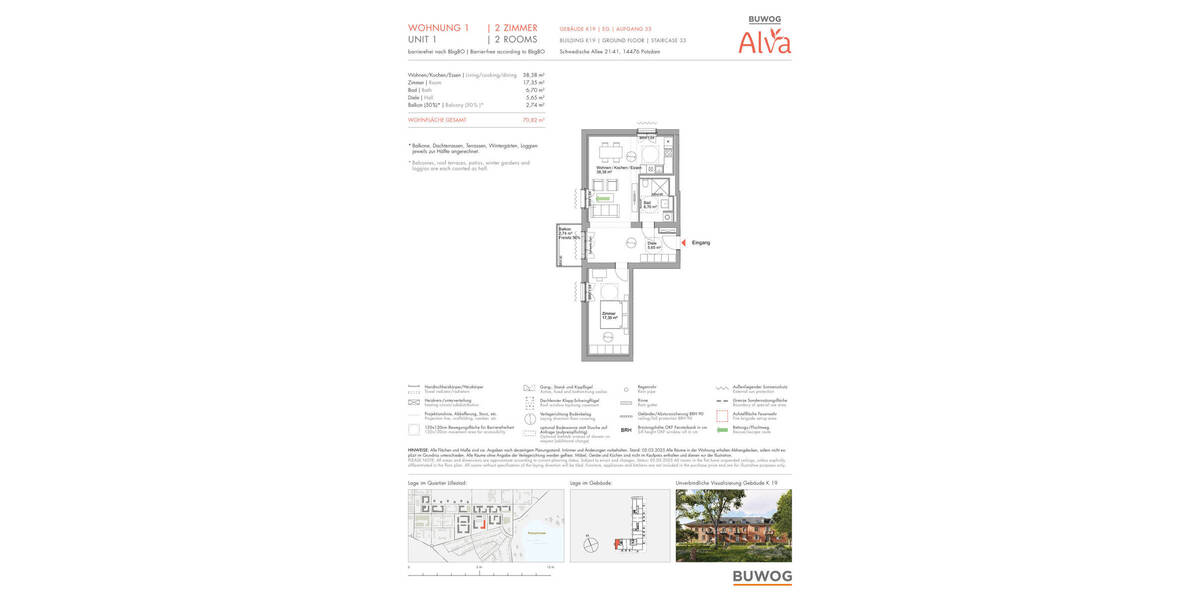 Etagenwohnung Potsdam Krampnitz - 2 Zimmer, 70 m&sup2;, 580.000&euro; | Angebot:25716968