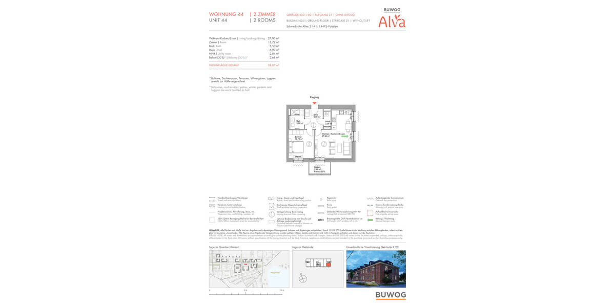 Etagenwohnung Potsdam Krampnitz - 2 Zimmer, 58 m&sup2;, 485.000&euro; | Angebot:25699789