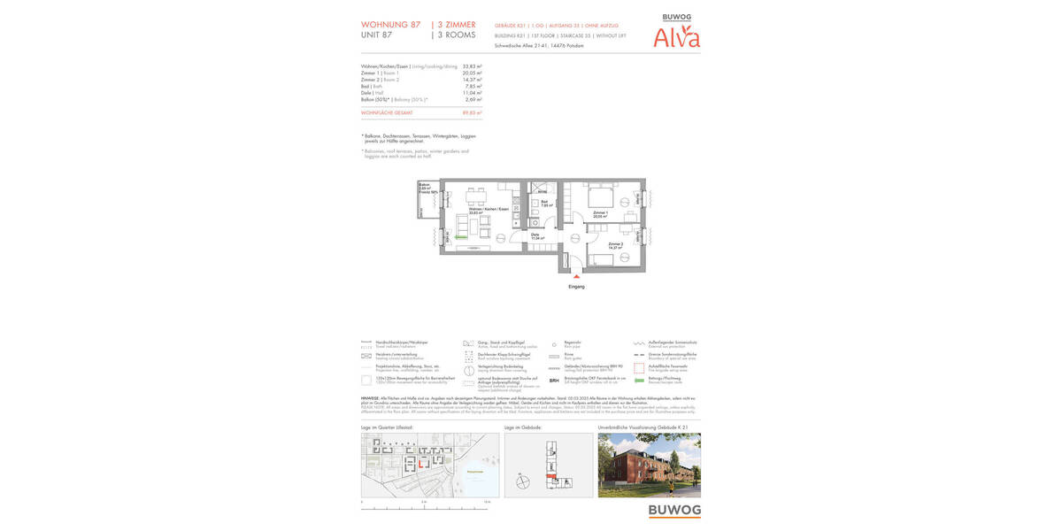 Etagenwohnung Potsdam Krampnitz - 3 Zimmer, 89 m&sup2;, 736.000&euro; | Angebot:25756111