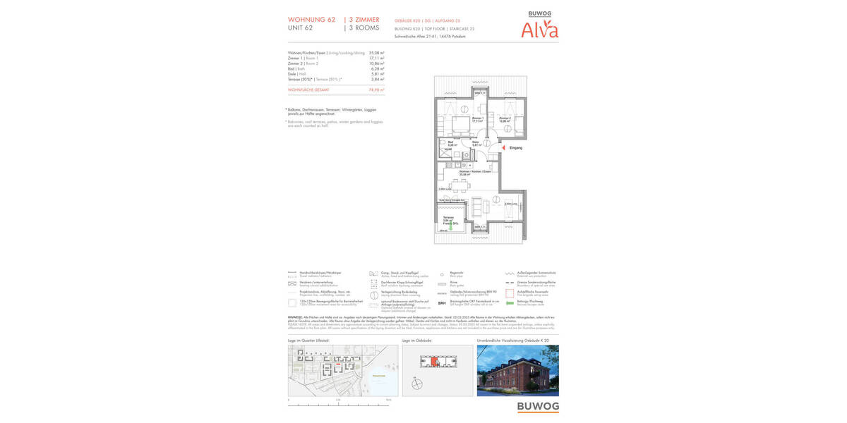 Etagenwohnung Potsdam Krampnitz - 3 Zimmer, 79 m&sup2;, 646.000&euro; | Angebot:25717300