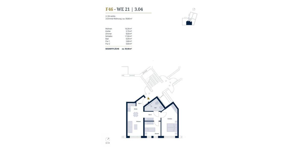 Etagenwohnung Potsdam Potsdam West - 3 Zimmer, 59 m&sup2;, 465.000&euro; | Angebot:26345383