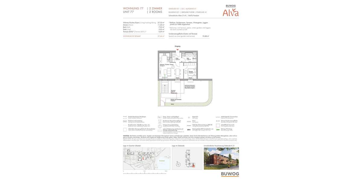 Etagenwohnung Potsdam Krampnitz - 2 Zimmer, 57 m&sup2;, 473.000&euro; | Angebot:25756118