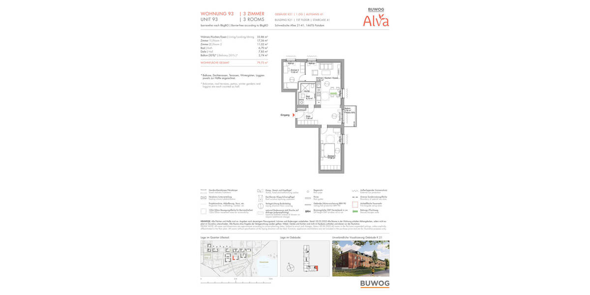 Etagenwohnung Potsdam Krampnitz - 3 Zimmer, 79 m&sup2;, 652.000&euro; | Angebot:25745567