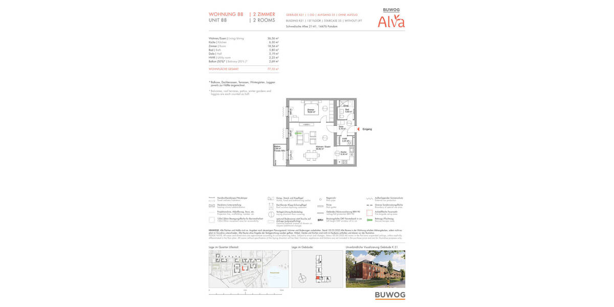 Etagenwohnung Potsdam Krampnitz - 2 Zimmer, 77 m&sup2;, 633.000&euro; | Angebot:25716987