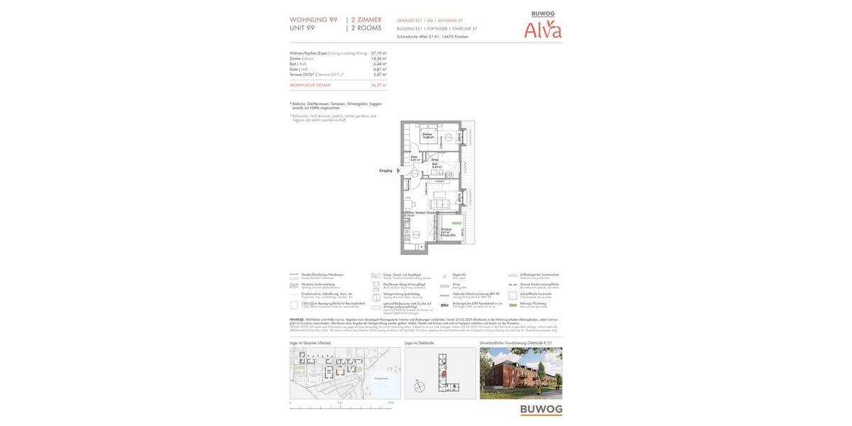 Etagenwohnung Potsdam Krampnitz - 2 Zimmer, 56 m&sup2;, 461.000&euro; | Angebot:25717005