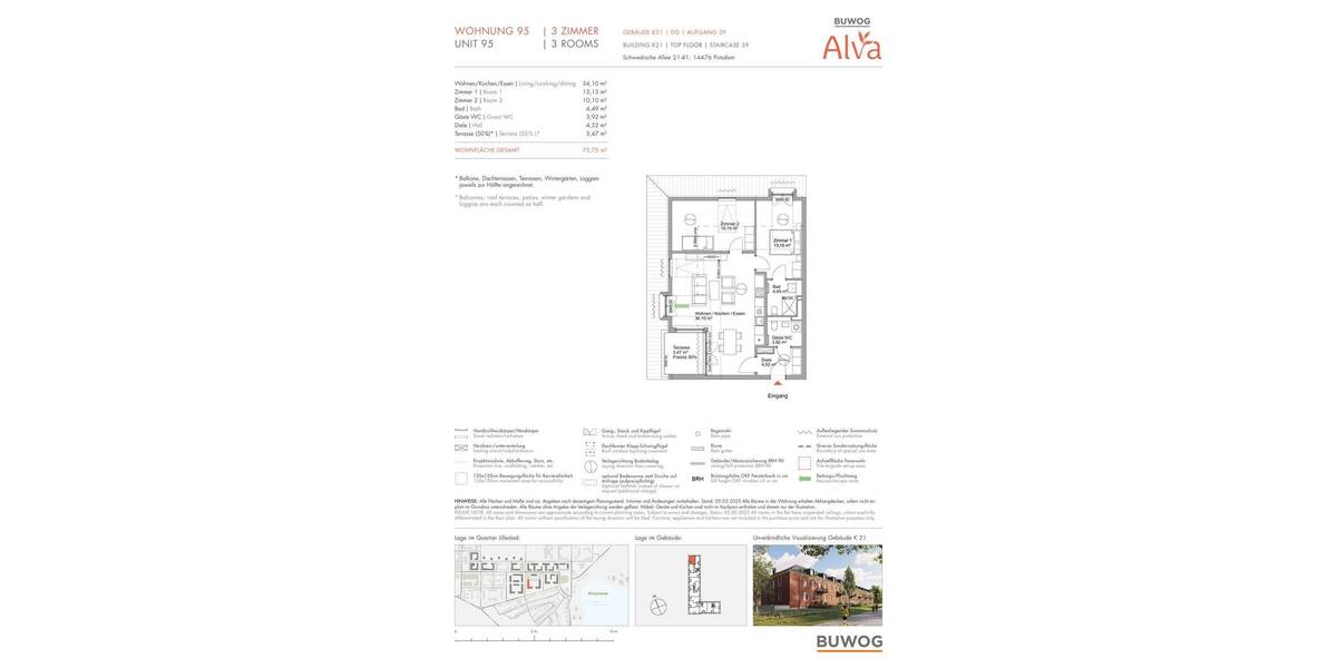 Etagenwohnung Potsdam Krampnitz - 3 Zimmer, 73 m&sup2;, 604.000&euro; | Angebot:25713893