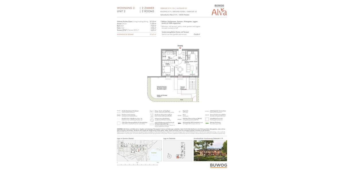 Etagenwohnung Potsdam Krampnitz - 2 Zimmer, 57 m&sup2;, 473.000&euro; | Angebot:25717876