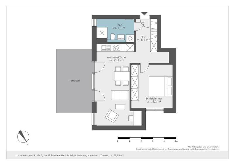 Erdgeschoßwohnung Potsdam Babelsberg - 2 Zimmer, 58 m&sup2;, 849&euro; | Angebot:25265782