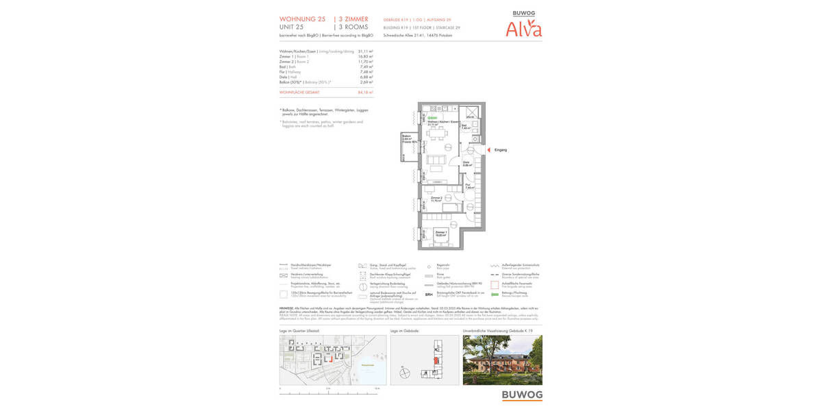 Etagenwohnung Potsdam Krampnitz - 3 Zimmer, 84 m&sup2;, 690.000&euro; | Angebot:25716969