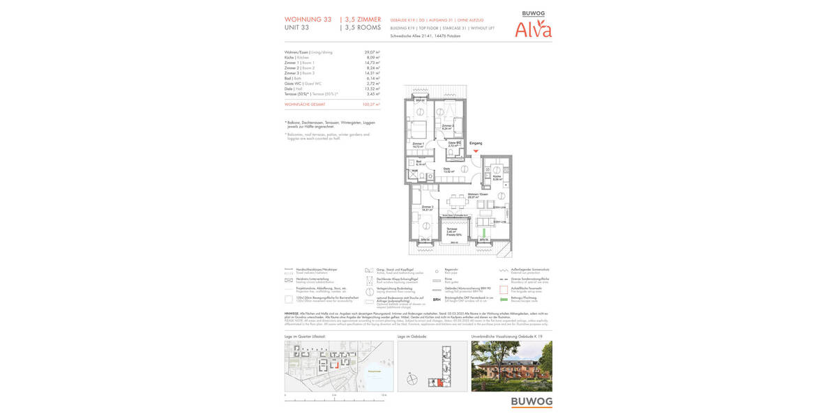 Etagenwohnung Potsdam Krampnitz - 3 Zimmer, 100 m&sup2;, 821.500&euro; | Angebot:25753806