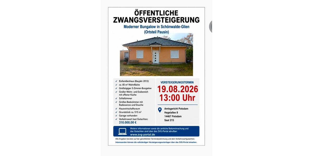 Bungalow Schönwalde-Glien Glien - 1 Zimmer, 85 m&sup2;, 310.000&euro; | Angebot:26940704