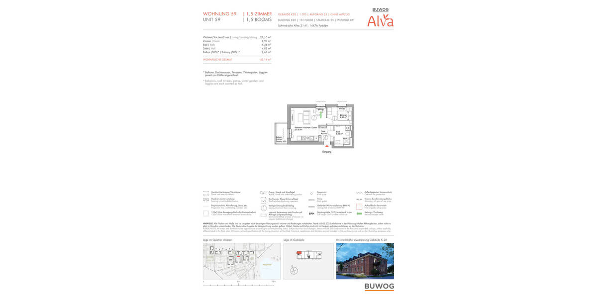 Etagenwohnung Potsdam Krampnitz - 1 Zimmer, 43 m&sup2;, 355.000&euro; | Angebot:20651614